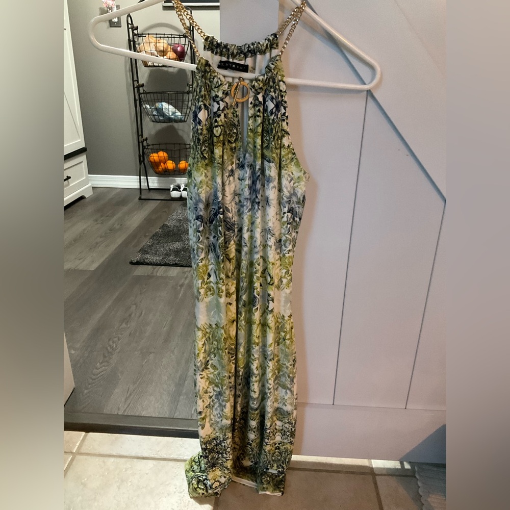 Ivanka Trump Green Multi Halter Midi Dress with Chain Straps